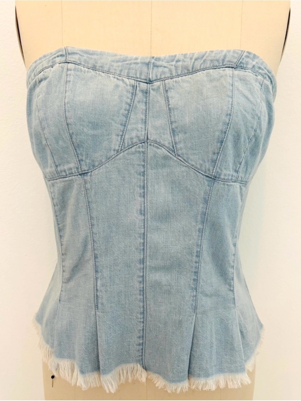 Free People Bustier Top ‘Better Days’ Blue Chambray Ruched Back Distressed L